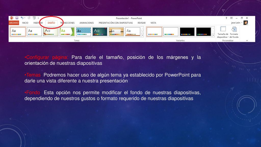Configurar página: Para darle el tamaño, posición de los márgenes y la orientación de nuestras diapositivas