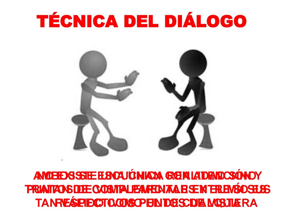 TÉCNICA DEL DIÁLOGO AMBOS SE ESCUCHAN CON ATENCIÓN Y TRATAN DE COMPLEMENTAR ENTRE SI SUS RESPECTIVOS PUNTOS DE VISTA.