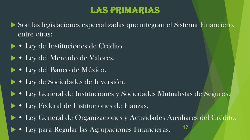 Las primarias Son las legislaciones especializadas que integran el Sistema Financiero, entre otras: