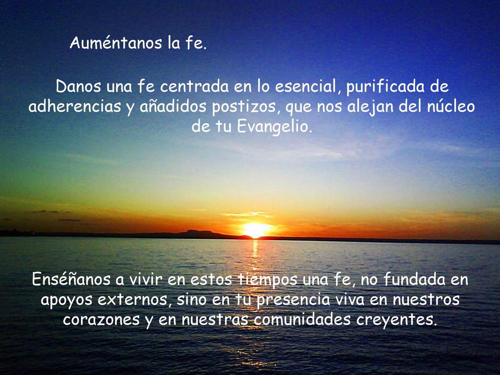 Auméntanos la fe. Danos una fe centrada en lo esencial, purificada de adherencias y añadidos postizos, que nos alejan del núcleo de tu Evangelio.