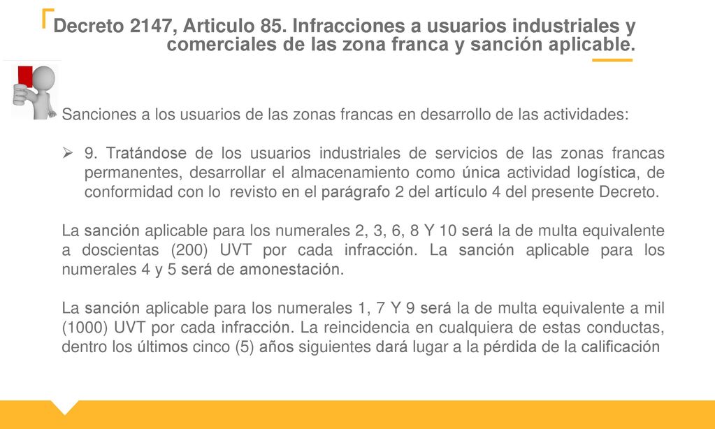 Decreto 2147, Articulo 85. Infracciones a usuarios industriales y comerciales de las zona franca y sanción aplicable.