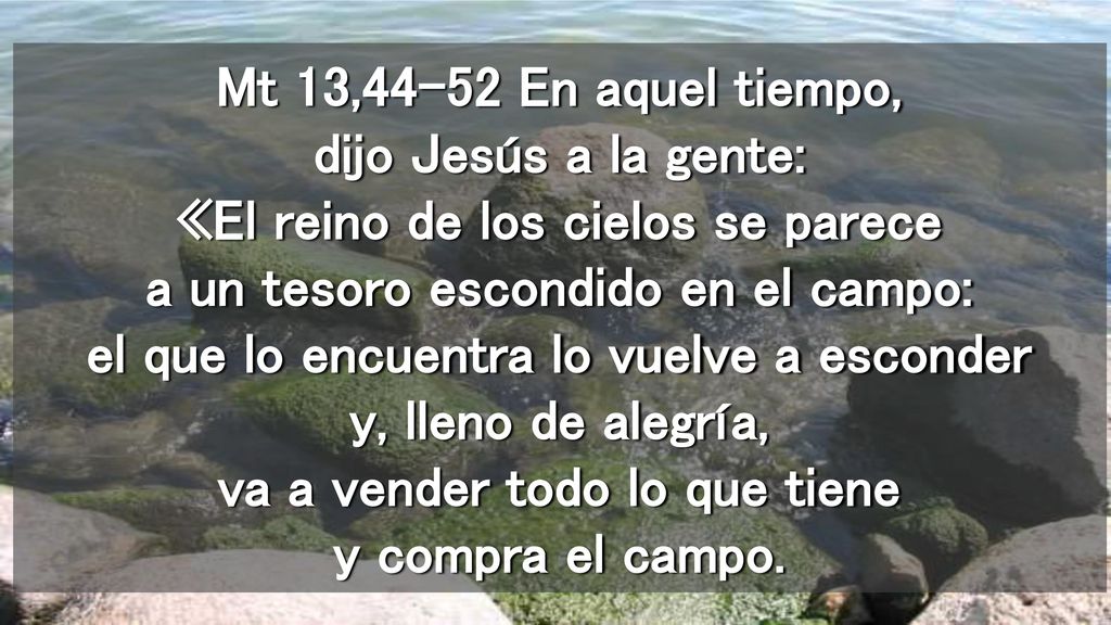 Mt 13,44-52 En aquel tiempo, dijo Jesús a la gente: «El reino de los cielos se parece a un tesoro escondido en el campo: el que lo encuentra lo vuelve a esconder y, lleno de alegría, va a vender todo lo que tiene y compra el campo.
