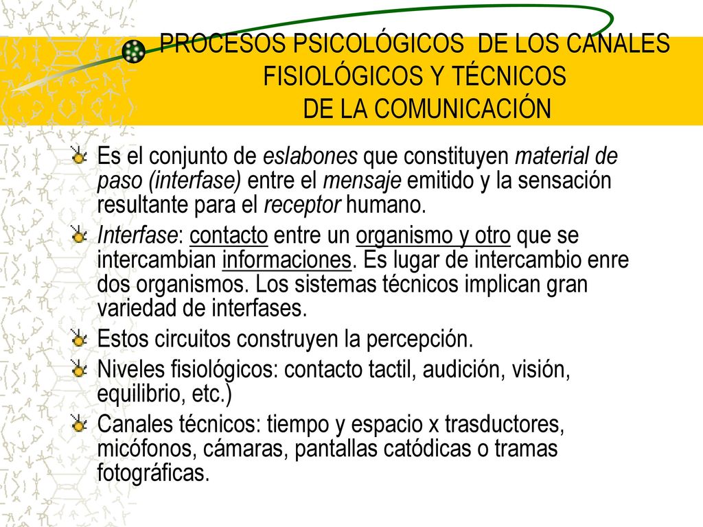 PROCESOS PSICOLÓGICOS DE LOS CANALES FISIOLÓGICOS Y TÉCNICOS DE LA COMUNICACIÓN