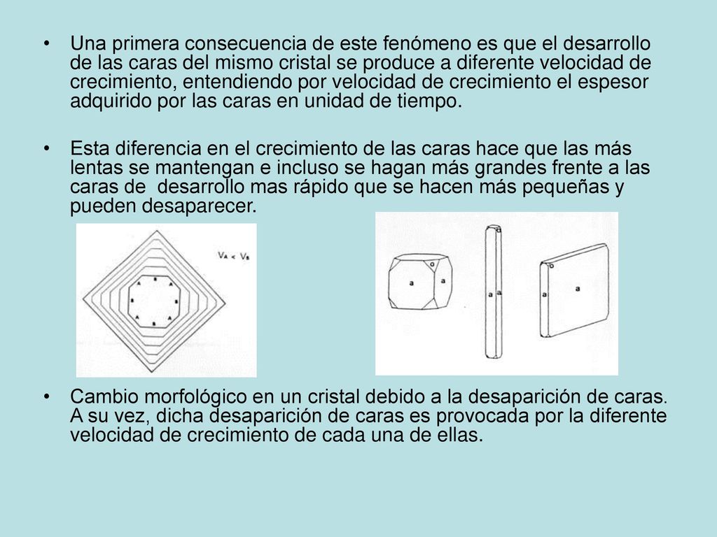 Una primera consecuencia de este fenómeno es que el desarrollo de las caras del mismo cristal se produce a diferente velocidad de crecimiento, entendiendo por velocidad de crecimiento el espesor adquirido por las caras en unidad de tiempo.
