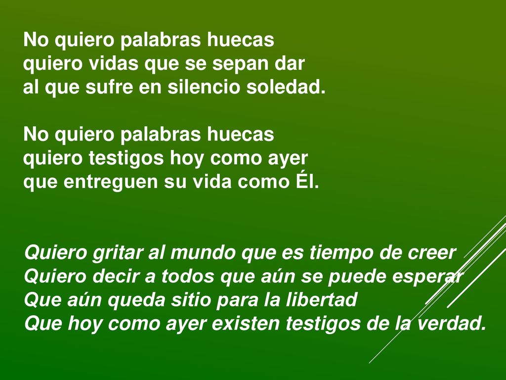 No quiero palabras huecas quiero vidas que se sepan dar al que sufre en silencio soledad. No quiero palabras huecas quiero testigos hoy como ayer que entreguen su vida como Él.