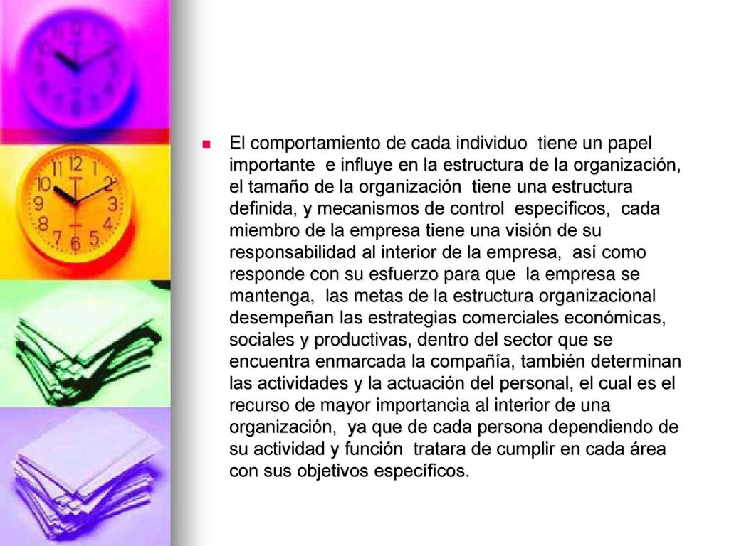 El comportamiento de cada individuo tiene un papel importante e influye en la estructura de la organización, el tamaño de la organización tiene una estructura definida, y mecanismos de control específicos, cada miembro de la empresa tiene una visión de su responsabilidad al interior de la empresa, así como responde con su esfuerzo para que la empresa se mantenga, las metas de la estructura organizacional desempeñan las estrategias comerciales económicas, sociales y productivas, dentro del sector que se encuentra enmarcada la compañía, también determinan las actividades y la actuación del personal, el cual es el recurso de mayor importancia al interior de una organización, ya que de cada persona dependiendo de su actividad y función tratara de cumplir en cada área con sus objetivos específicos.