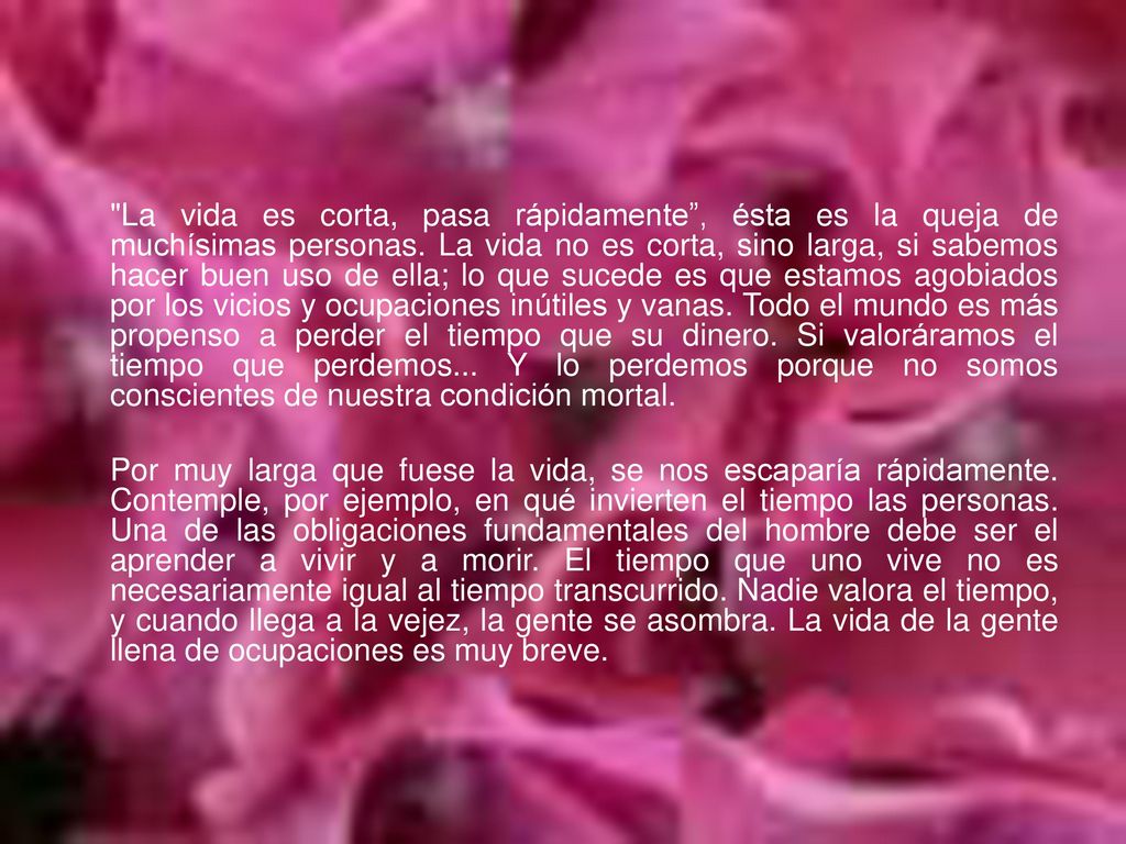La vida es corta, pasa rápidamente , ésta es la queja de muchísimas personas. La vida no es corta, sino larga, si sabemos hacer buen uso de ella; lo que sucede es que estamos agobiados por los vicios y ocupaciones inútiles y vanas. Todo el mundo es más propenso a perder el tiempo que su dinero. Si valoráramos el tiempo que perdemos... Y lo perdemos porque no somos conscientes de nuestra condición mortal.