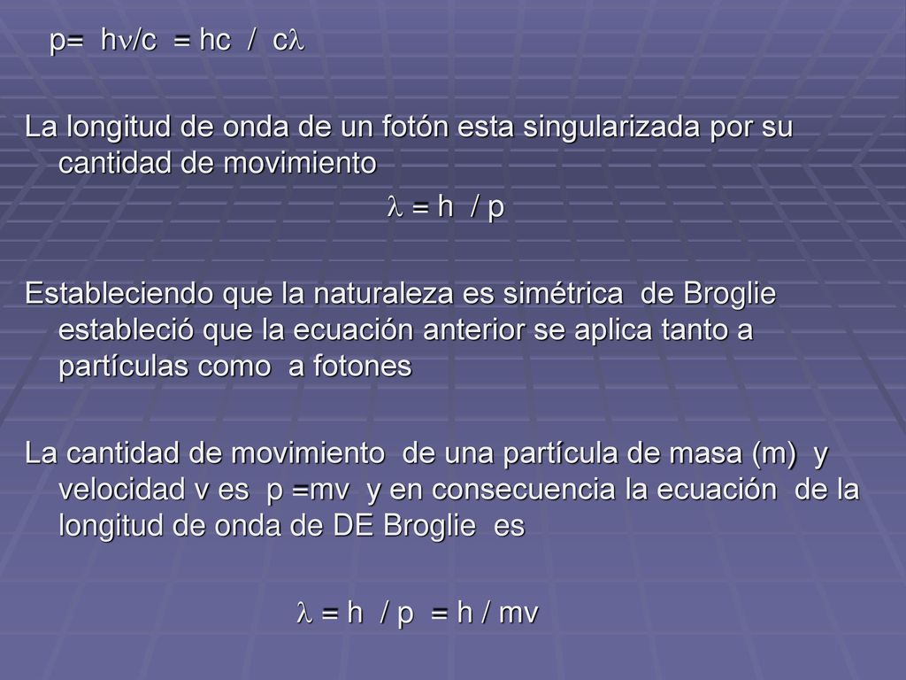 p= h/c = hc / c La longitud de onda de un fotón esta singularizada por su cantidad de movimiento  = h / p Estableciendo que la naturaleza es simétrica de Broglie estableció que la ecuación anterior se aplica tanto a partículas como a fotones La cantidad de movimiento de una partícula de masa (m) y velocidad v es p =mv y en consecuencia la ecuación de la longitud de onda de DE Broglie es  = h / p = h / mv