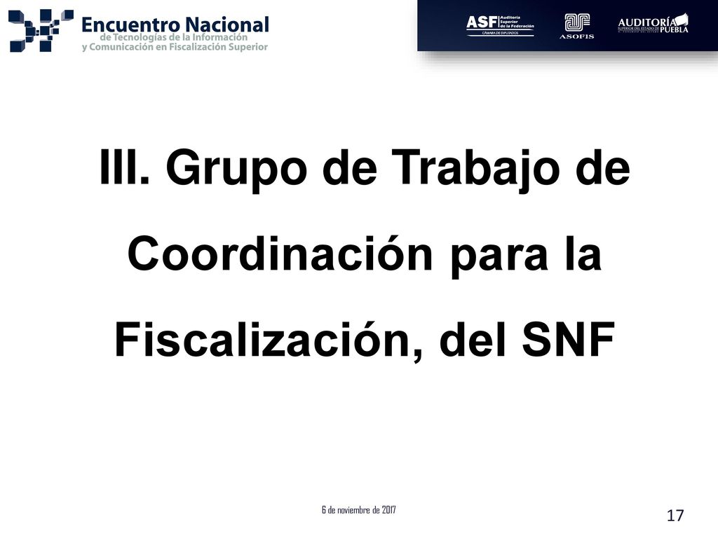 III. Grupo de Trabajo de Coordinación para la Fiscalización, del SNF