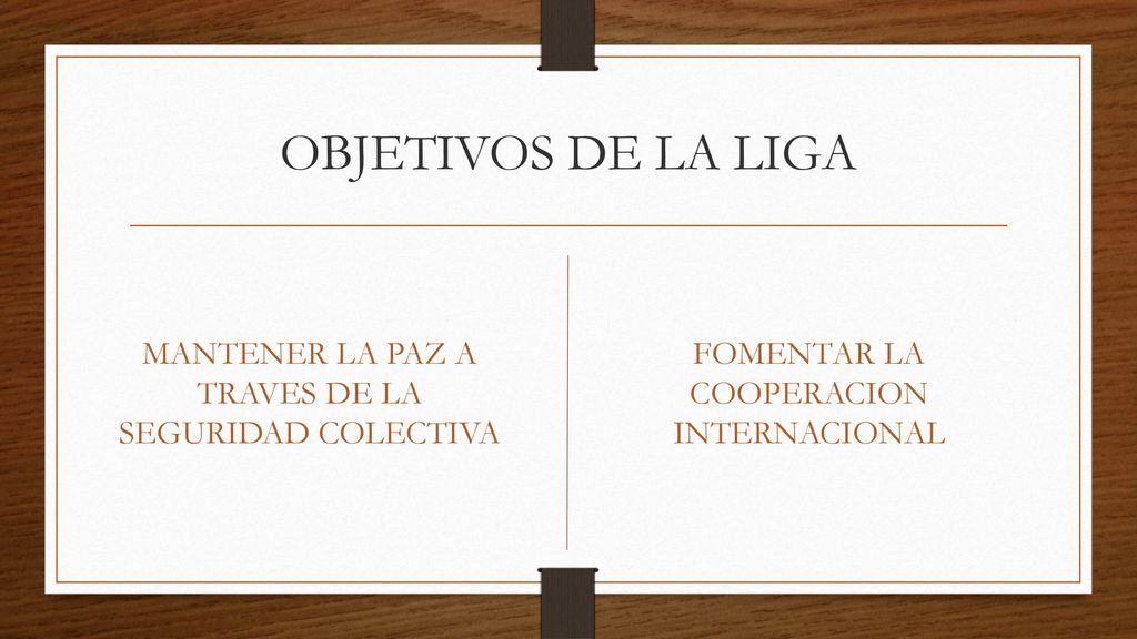 OBJETIVOS DE LA LIGA MANTENER LA PAZ A TRAVES DE LA SEGURIDAD COLECTIVA.