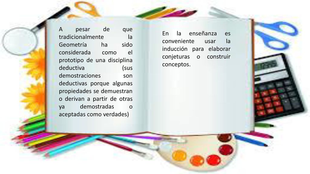 A pesar de que tradicionalmente la Geometría ha sido considerada como el prototipo de una disciplina deductiva (sus demostraciones son deductivas porque algunas propiedades se demuestran o derivan a partir de otras ya demostradas o aceptadas como verdades)