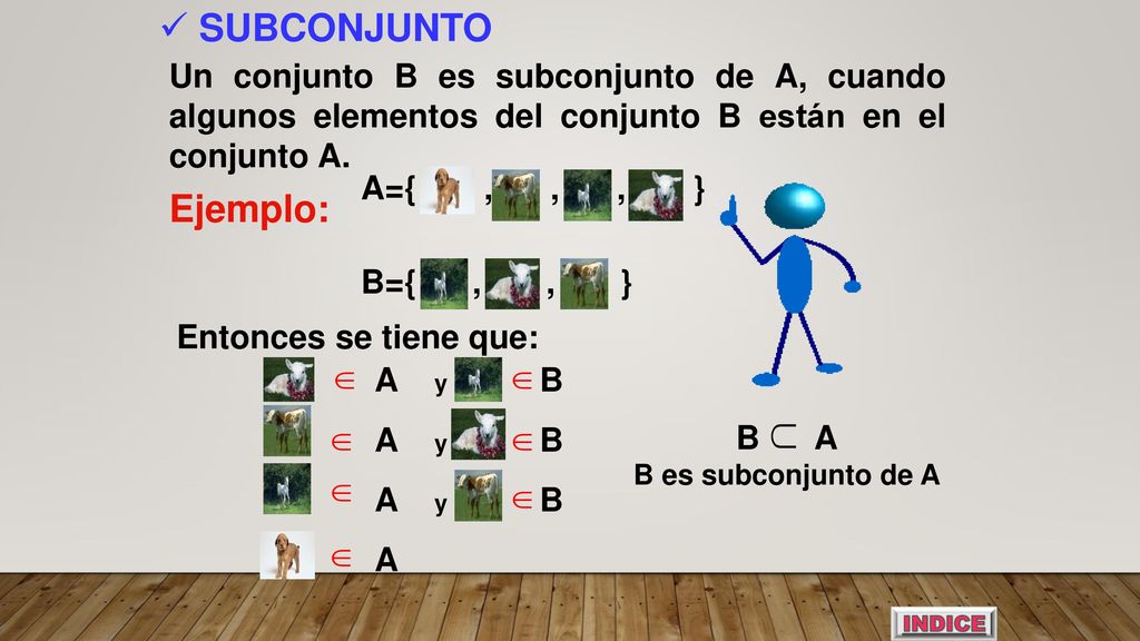 SUBCONJUNTO Un conjunto B es subconjunto de A, cuando algunos elementos del conjunto B están en el conjunto A.