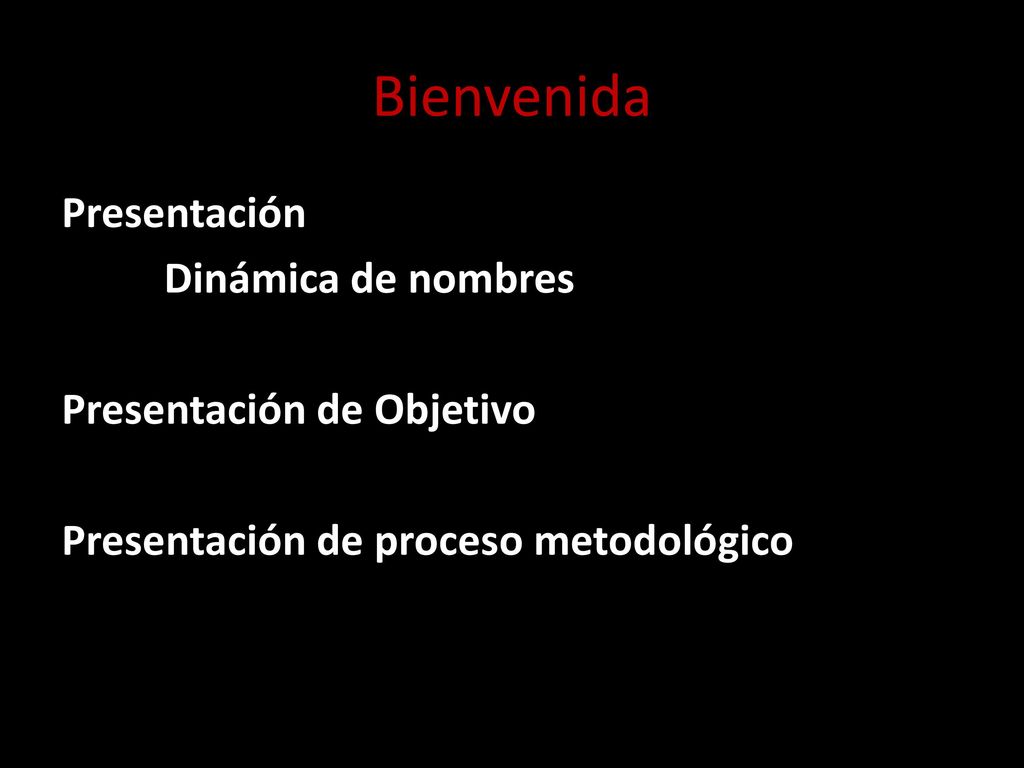 Bienvenida Presentación Dinámica de nombres Presentación de Objetivo Presentación de proceso metodológico