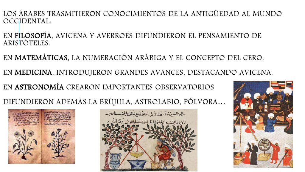 Los árabes trasmitieron conocimientos de la antigüedad al mundo occidental: en filosofía, Avicena y averroes difundieron el pensamiento de Aristóteles.