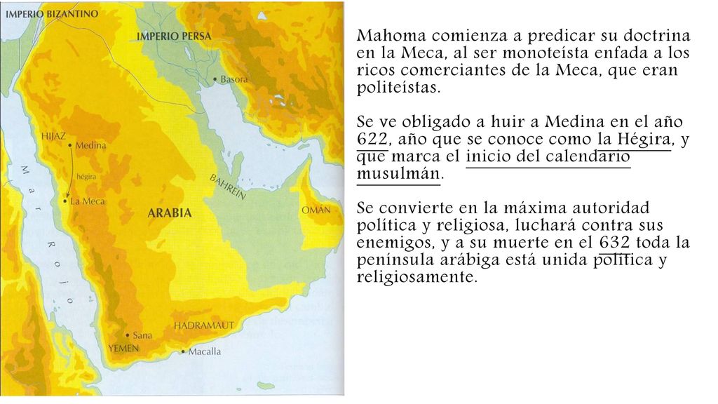 Mahoma comienza a predicar su doctrina en la Meca, al ser monoteísta enfada a los ricos comerciantes de la Meca, que eran politeístas.