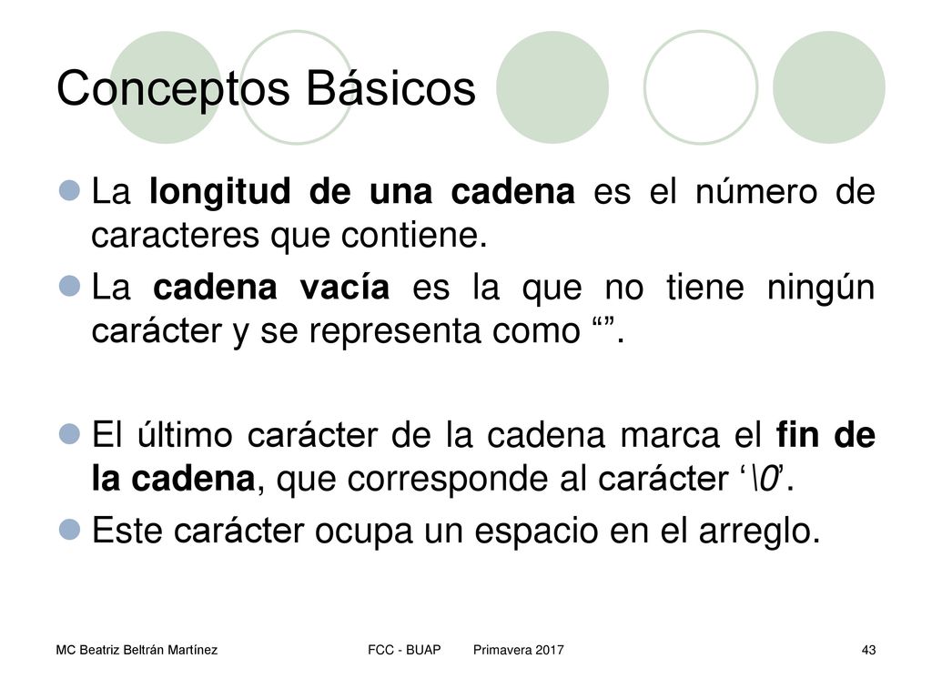 Conceptos Básicos La longitud de una cadena es el número de caracteres que contiene.