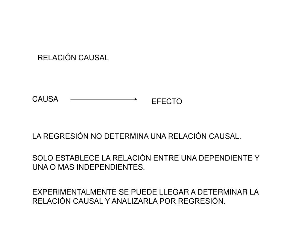RELACIÓN CAUSAL CAUSA. EFECTO. LA REGRESIÓN NO DETERMINA UNA RELACIÓN CAUSAL. SOLO ESTABLECE LA RELACIÓN ENTRE UNA DEPENDIENTE Y.