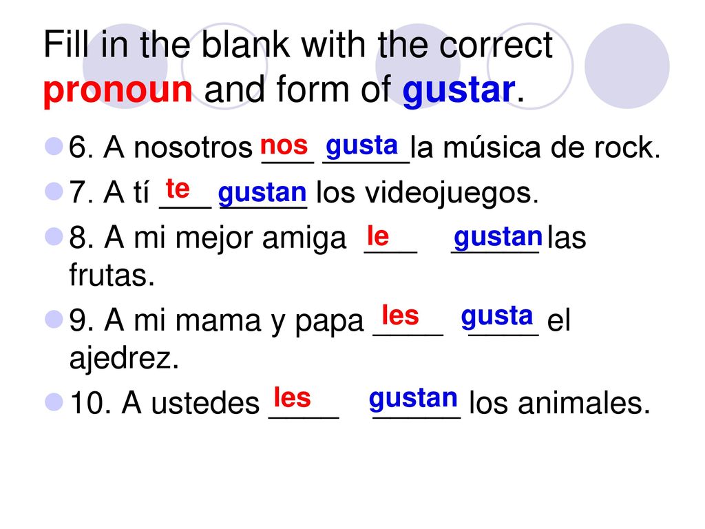 Fill in the blank with the correct pronoun and form of gustar.
