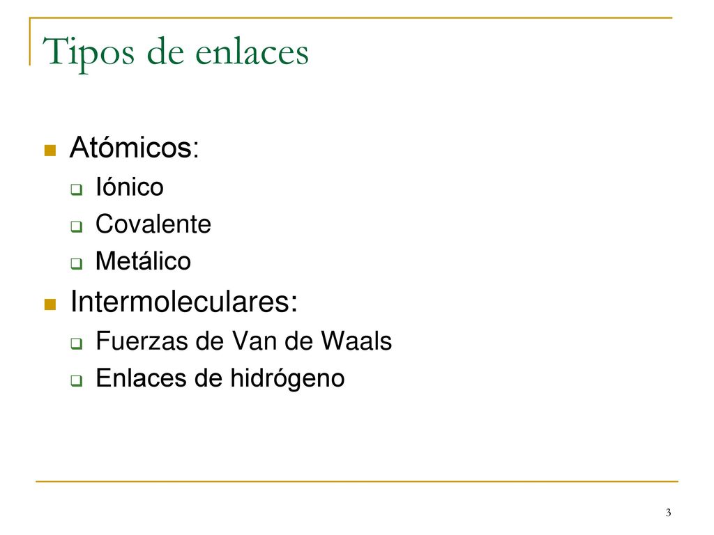 Tipos de enlaces Atómicos: Intermoleculares: Iónico Covalente Metálico