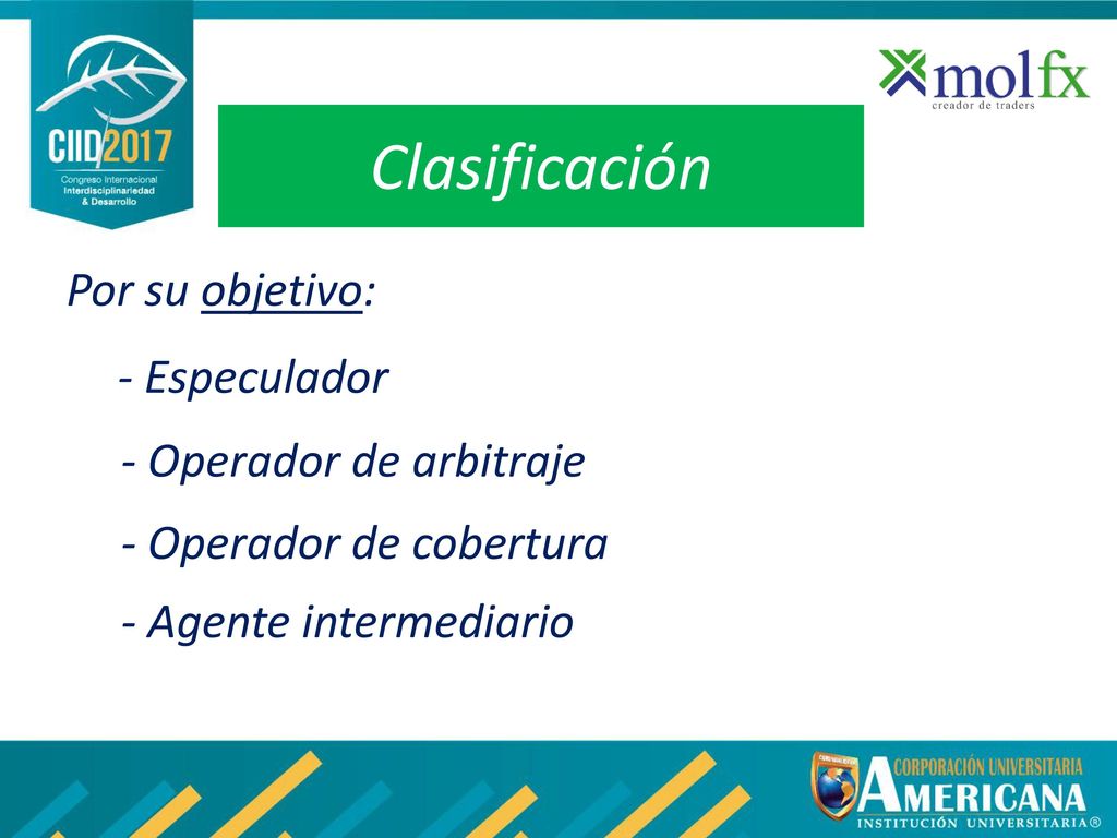 Clasificación Por su objetivo: - Especulador - Operador de arbitraje