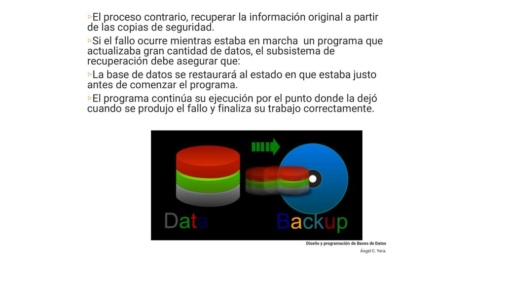 El proceso contrario, recuperar la información original a partir de las copias de seguridad.