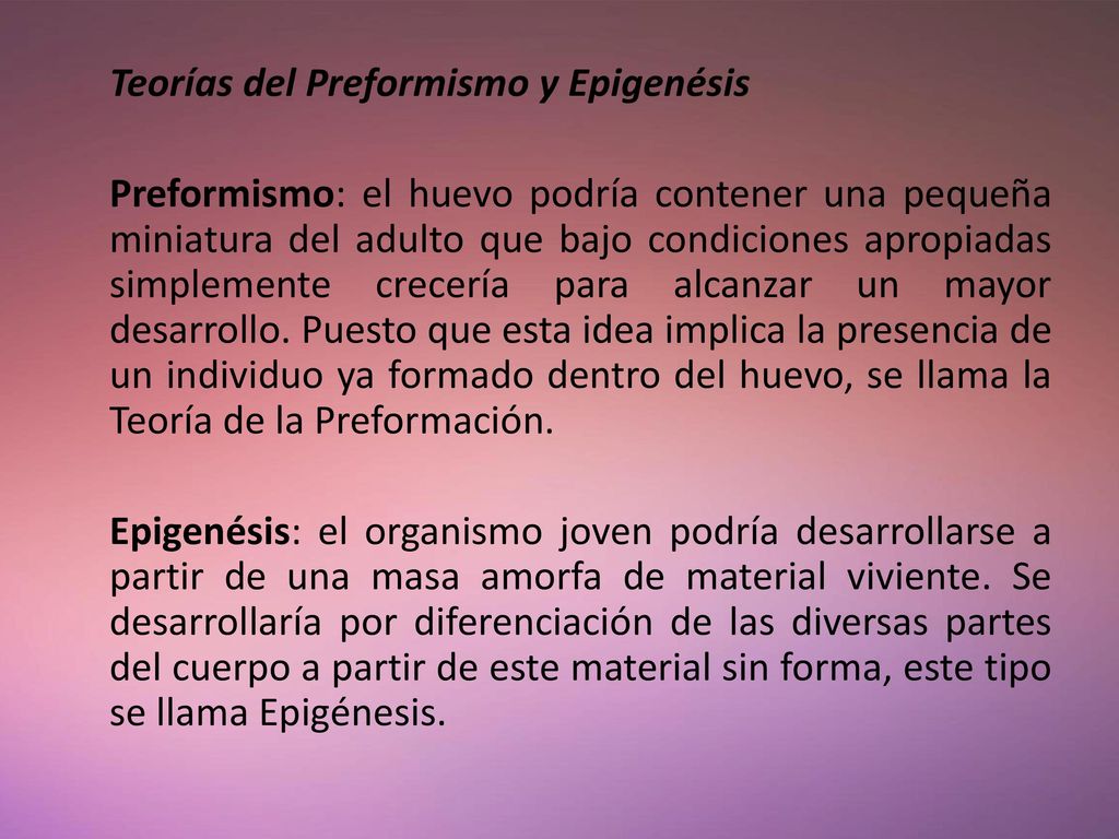 Teorías del Preformismo y Epigenésis Preformismo: el huevo podría contener una pequeña miniatura del adulto que bajo condiciones apropiadas simplemente crecería para alcanzar un mayor desarrollo.