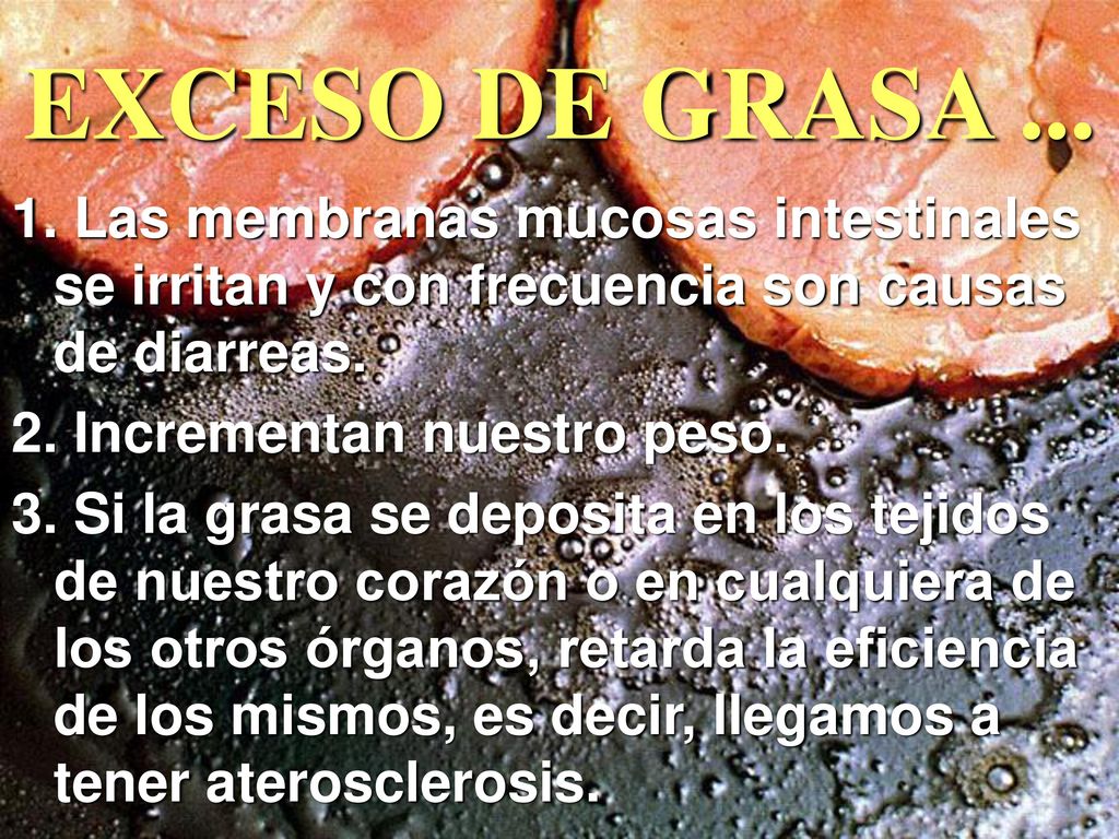 EXCESO DE GRASA Las membranas mucosas intestinales se irritan y con frecuencia son causas de diarreas.