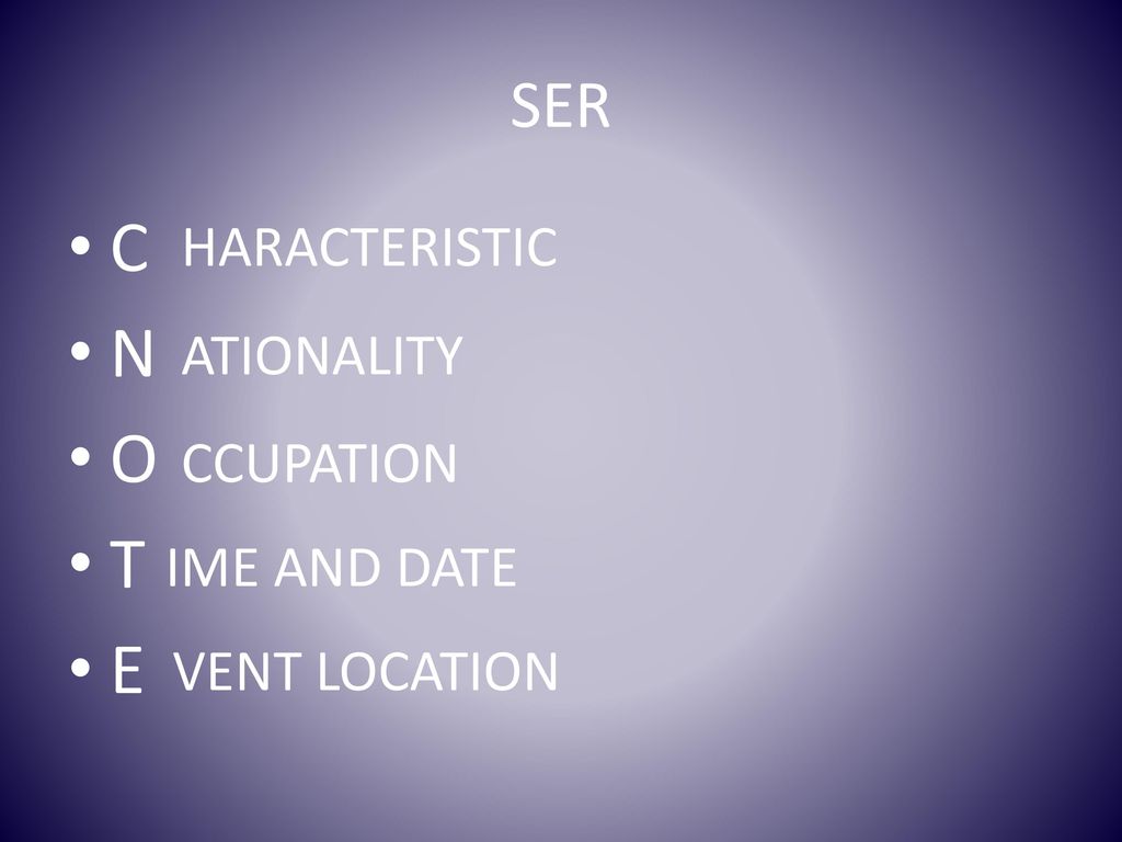 C N O T E SER HARACTERISTIC ATIONALITY CCUPATION IME AND DATE