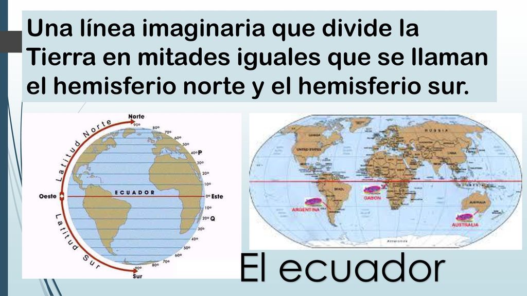 Una línea imaginaria que divide la Tierra en mitades iguales que se llaman el hemisferio norte y el hemisferio sur.