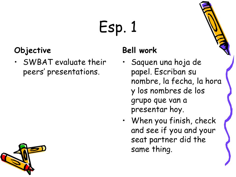 Esp. 1 Objective Bell work SWBAT evaluate their peers’ presentations.