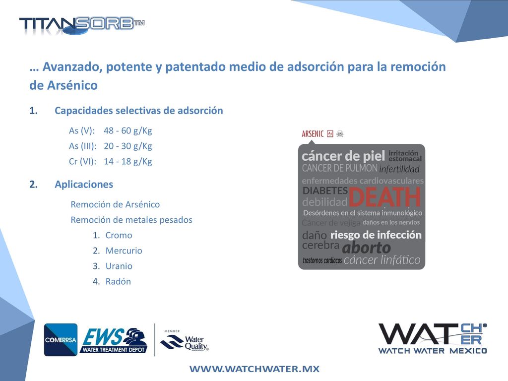 … Avanzado, potente y patentado medio de adsorción para la remoción de Arsénico
