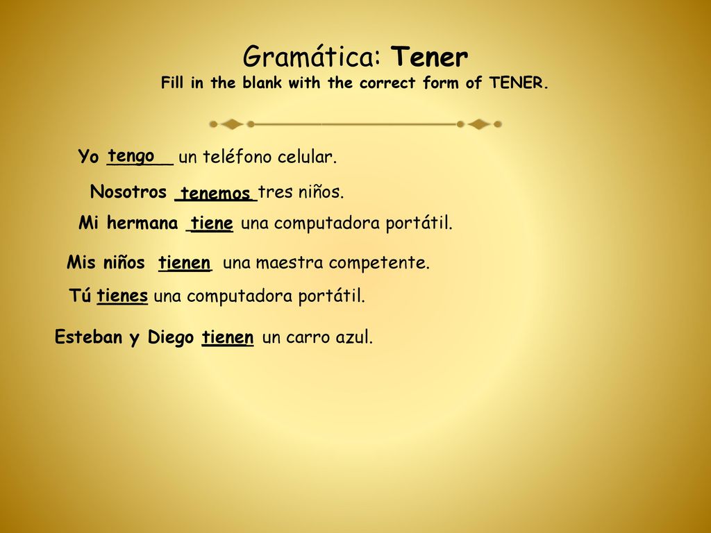 Gramática: Tener Fill in the blank with the correct form of TENER.