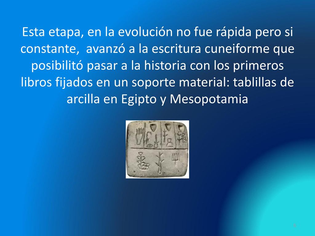 Esta etapa, en la evolución no fue rápida pero si constante, avanzó a la escritura cuneiforme que posibilitó pasar a la historia con los primeros libros fijados en un soporte material: tablillas de arcilla en Egipto y Mesopotamia