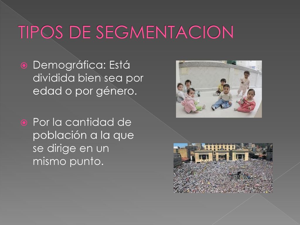 TIPOS DE SEGMENTACION Demográfica: Está dividida bien sea por edad o por género.