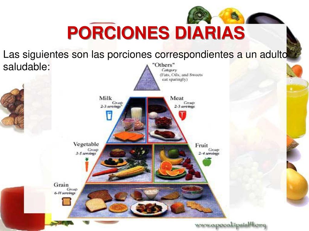 PORCIONES DIARIAS Las siguientes son las porciones correspondientes a un adulto saludable: