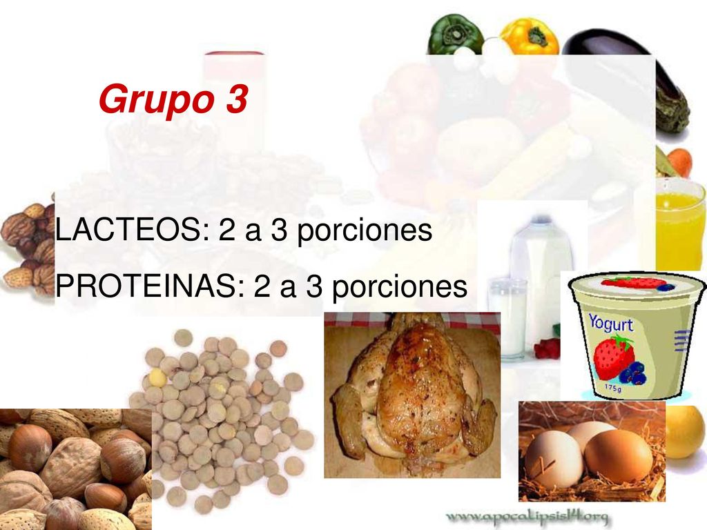 Grupo 3 LACTEOS: 2 a 3 porciones PROTEINAS: 2 a 3 porciones