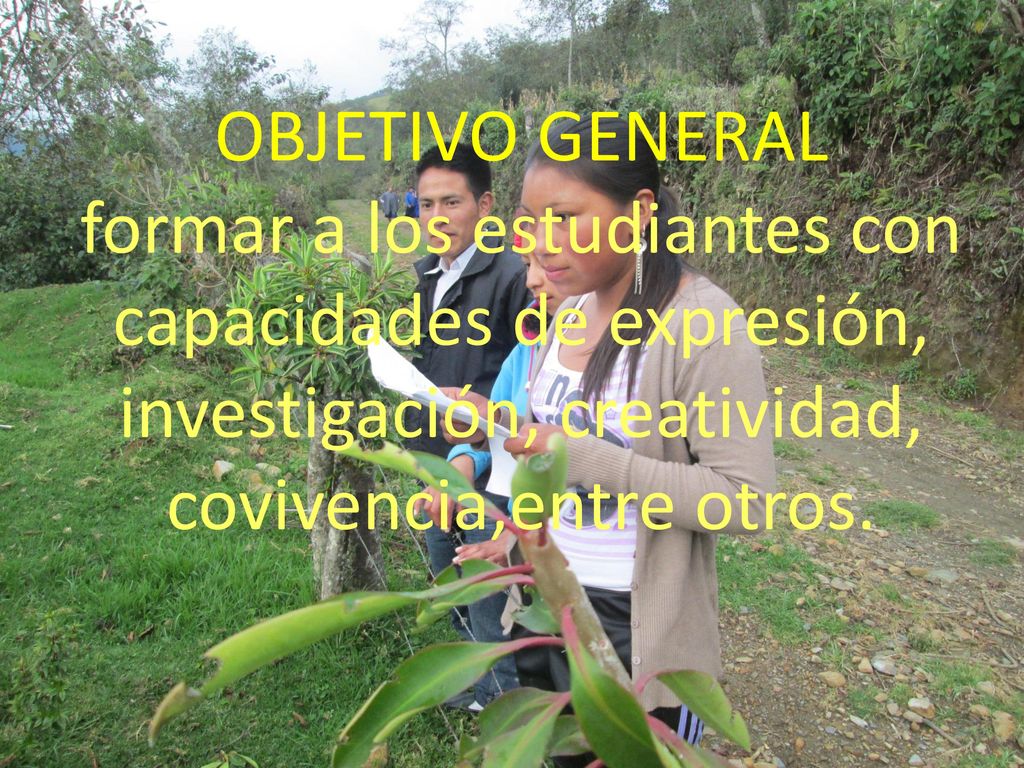 OBJETIVO GENERAL formar a los estudiantes con capacidades de expresión, investigación, creatividad, covivencia,entre otros.