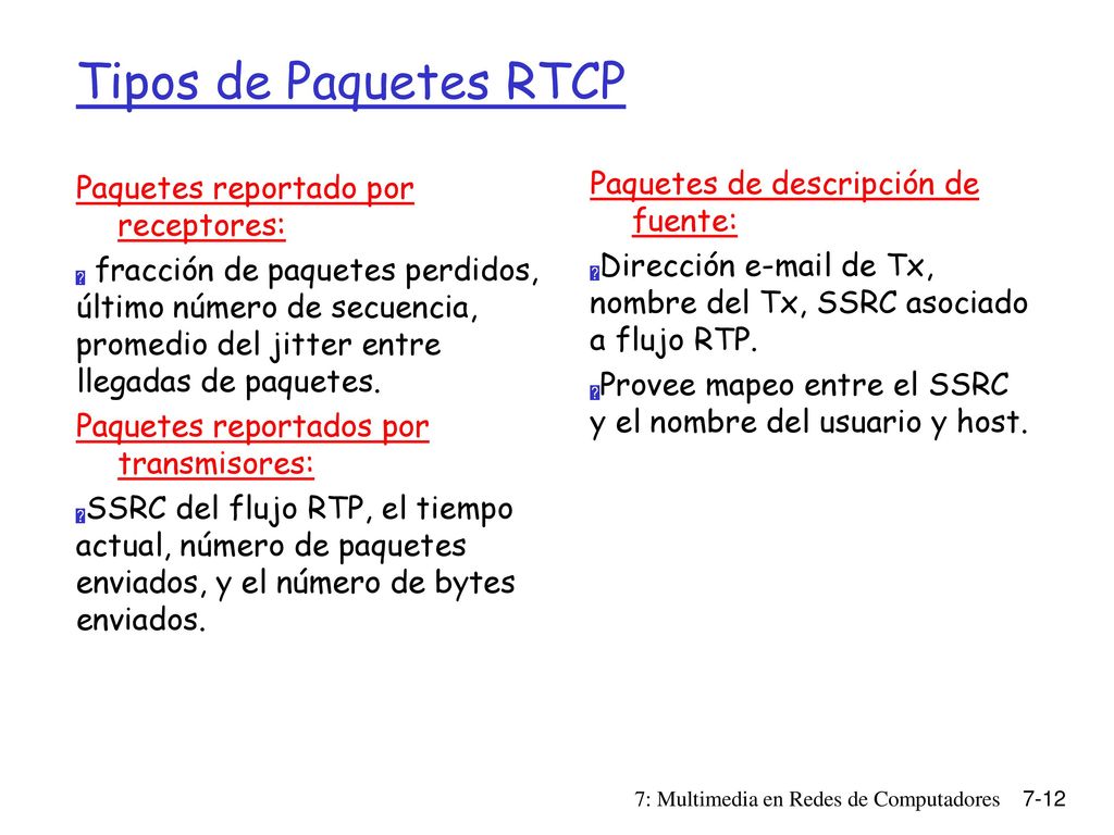 Tipos de Paquetes RTCP Paquetes de descripción de fuente: