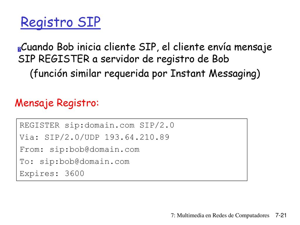 Registro SIP Cuando Bob inicia cliente SIP, el cliente envía mensaje SIP REGISTER a servidor de registro de Bob.