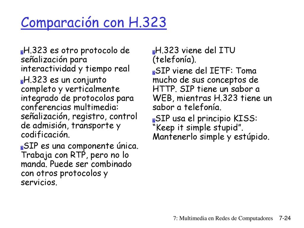 Comparación con H.323 H.323 es otro protocolo de señalización para interactividad y tiempo real.