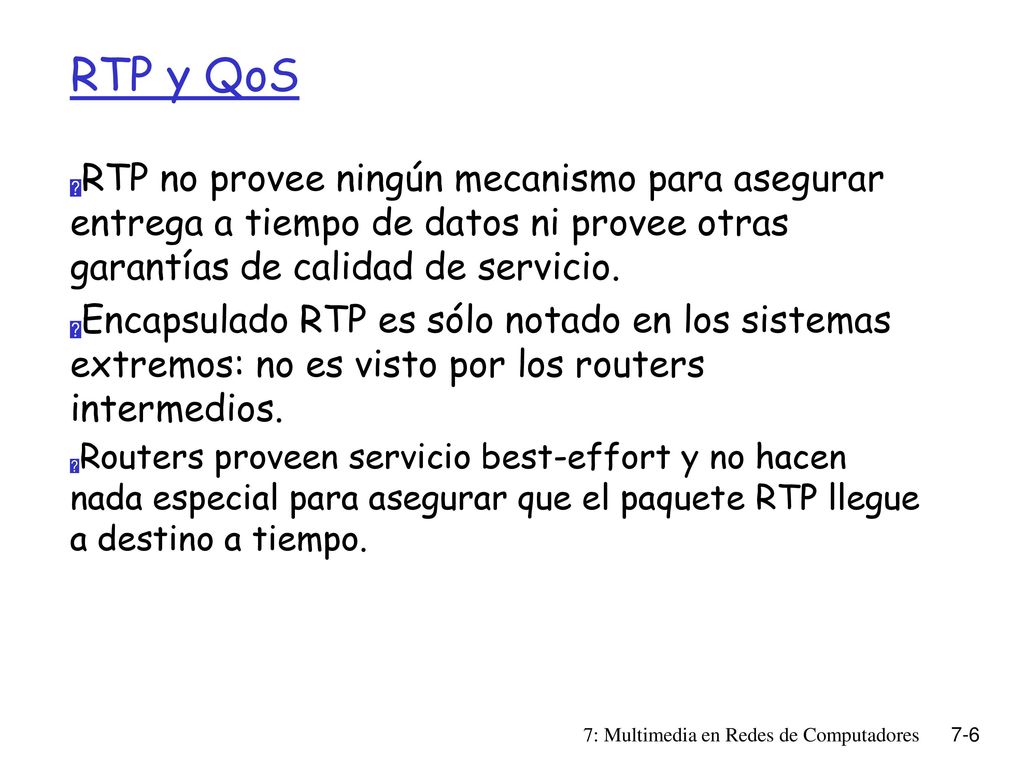 RTP y QoS RTP no provee ningún mecanismo para asegurar entrega a tiempo de datos ni provee otras garantías de calidad de servicio.
