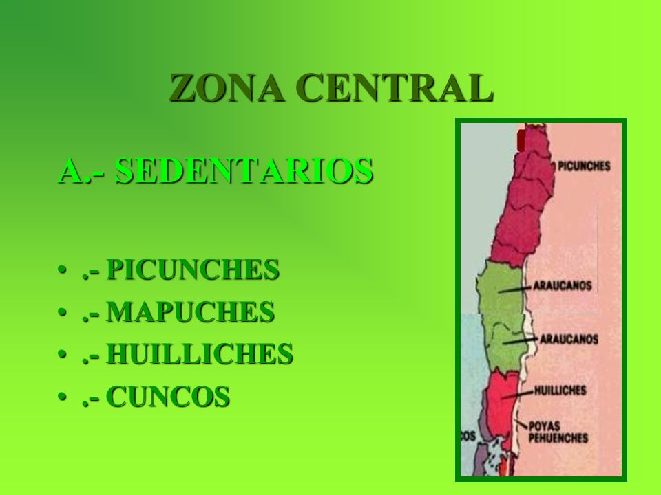 ZONA CENTRAL A.- SEDENTARIOS .- PICUNCHES .- MAPUCHES .- HUILLICHES