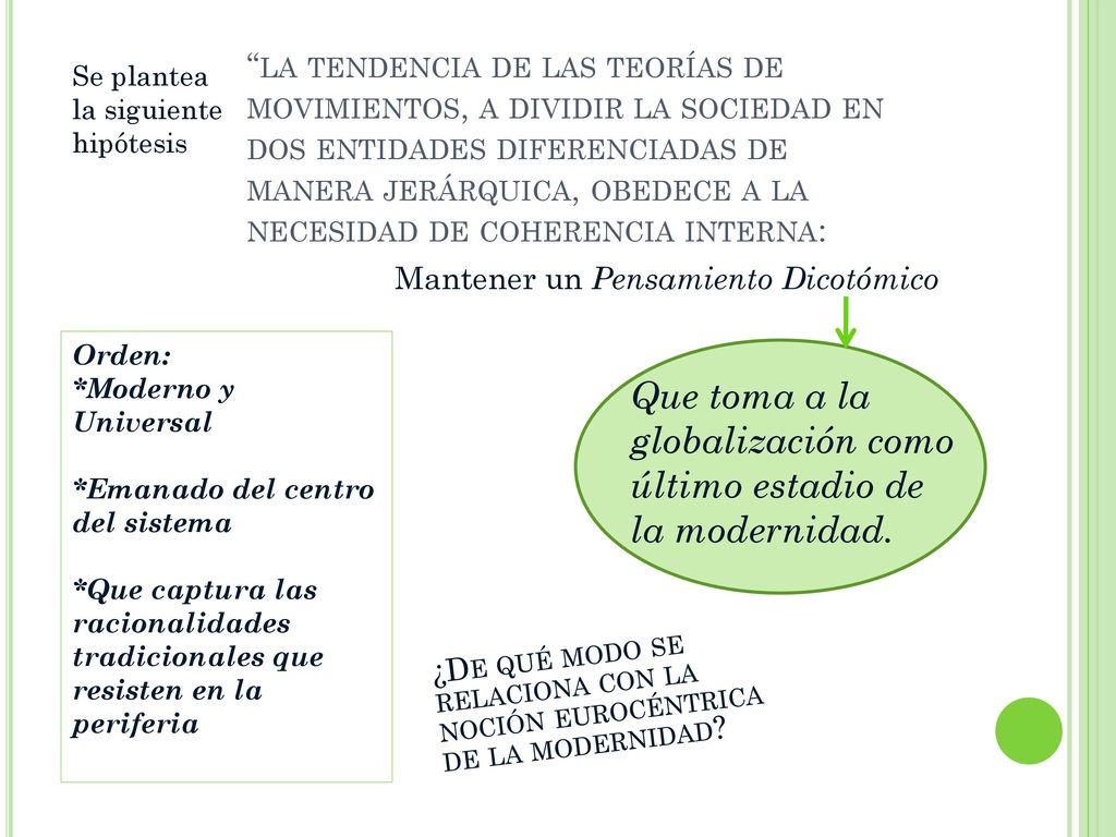 Que toma a la globalización como último estadio de la modernidad.