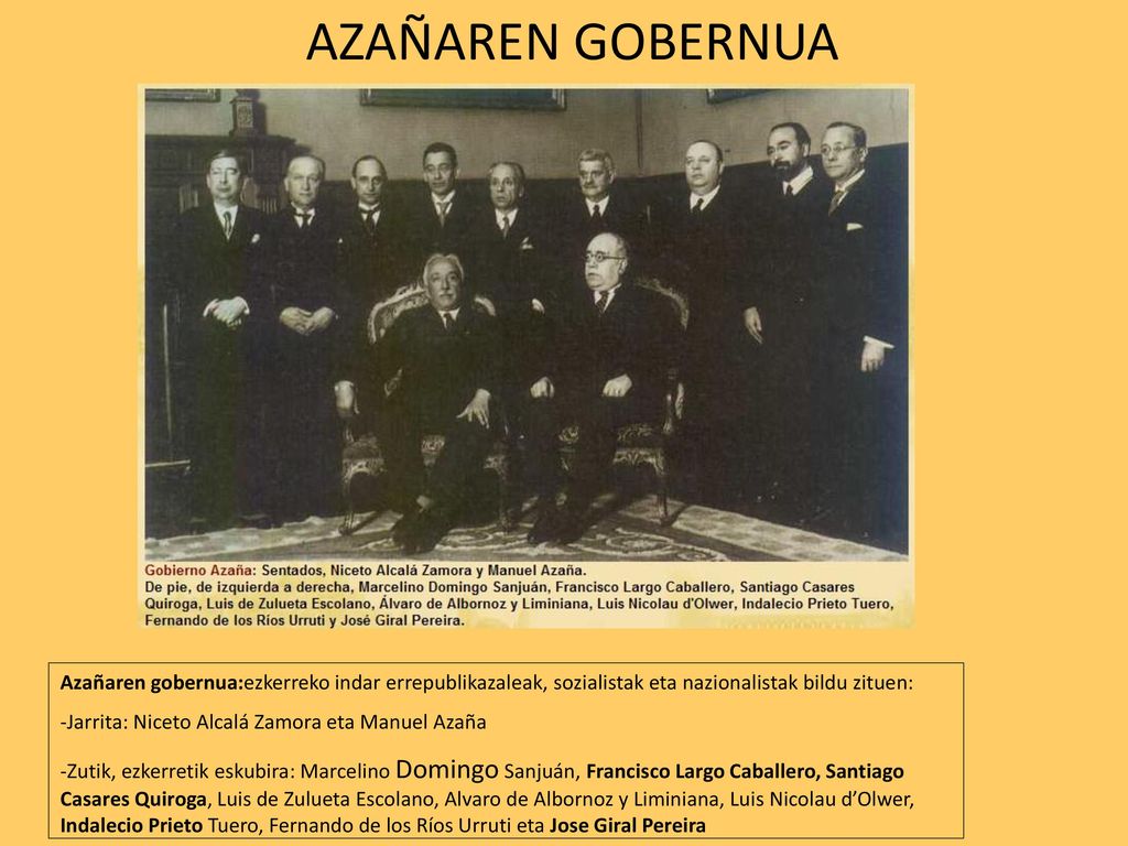 AZAÑAREN GOBERNUA Azañaren gobernua:ezkerreko indar errepublikazaleak, sozialistak eta nazionalistak bildu zituen: