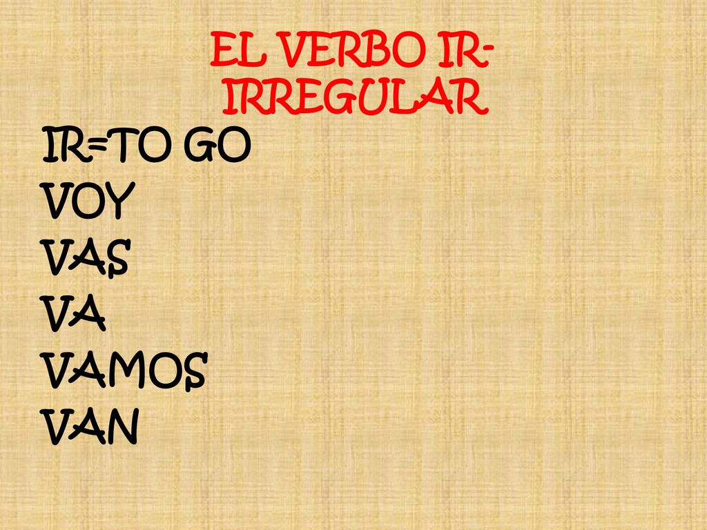 EL VERBO IR-IRREGULAR IR=TO GO VOY VAS VA VAMOS VAN