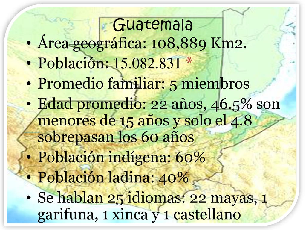 Guatemala Área geográfica: 108,889 Km2. Población: * Promedio familiar: 5 miembros.
