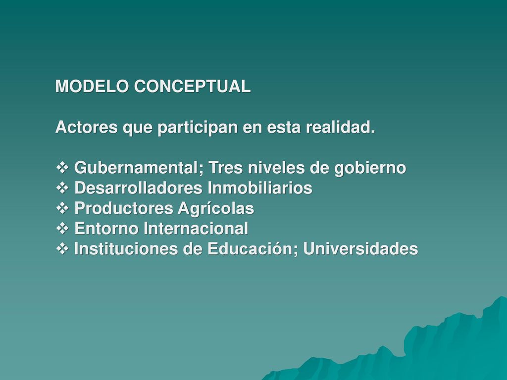 MODELO CONCEPTUAL Actores que participan en esta realidad. Gubernamental; Tres niveles de gobierno.