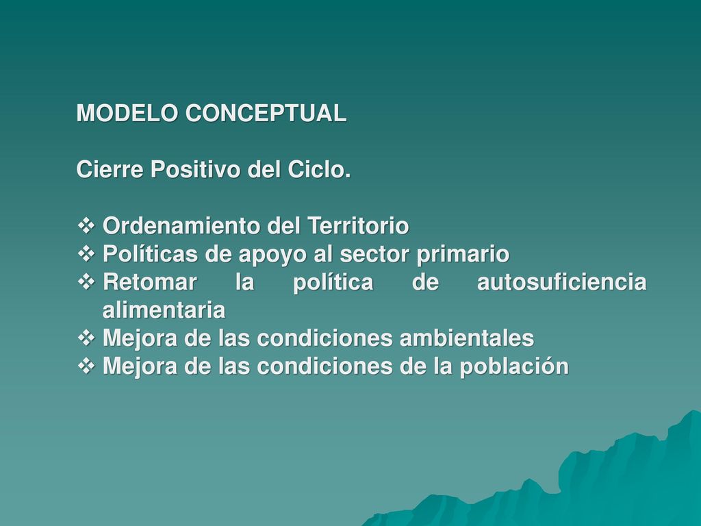 MODELO CONCEPTUAL Cierre Positivo del Ciclo. Ordenamiento del Territorio. Políticas de apoyo al sector primario.