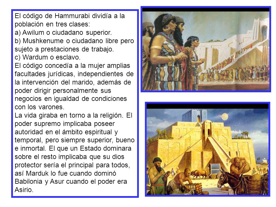 El código de Hammurabi dividía a la población en tres clases: