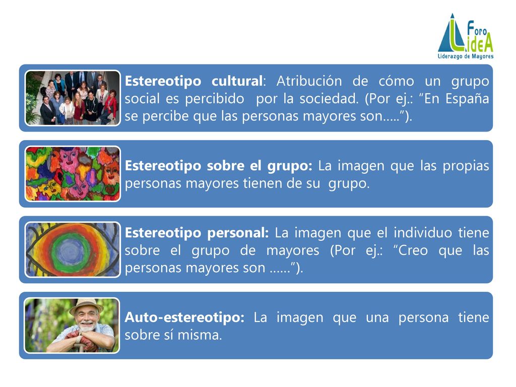 Estereotipo cultural: Atribución de cómo un grupo social es percibido por la sociedad. (Por ej.: En España se percibe que las personas mayores son….. ).